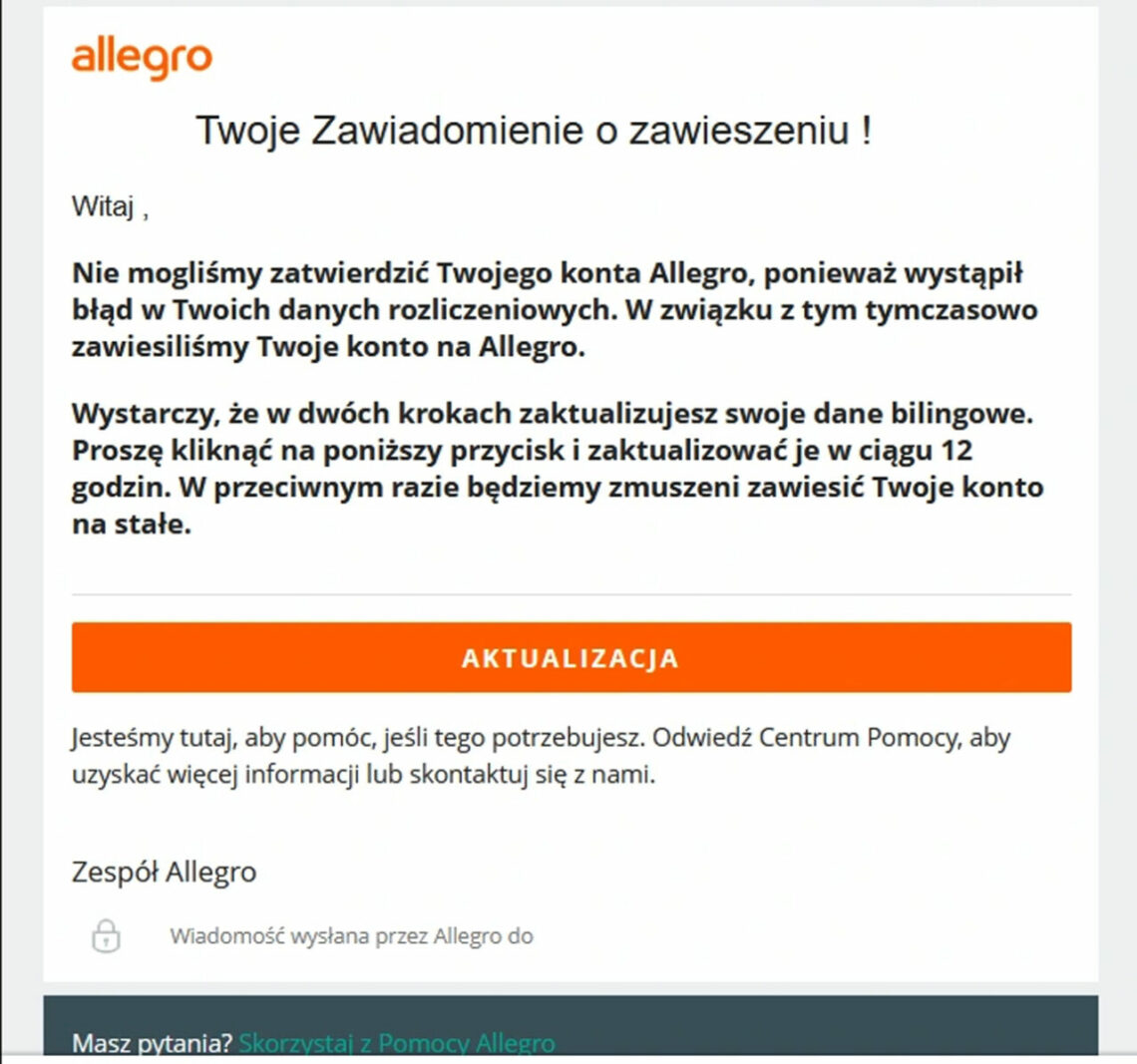 Allegro e-mail com foto de phishing Allegro