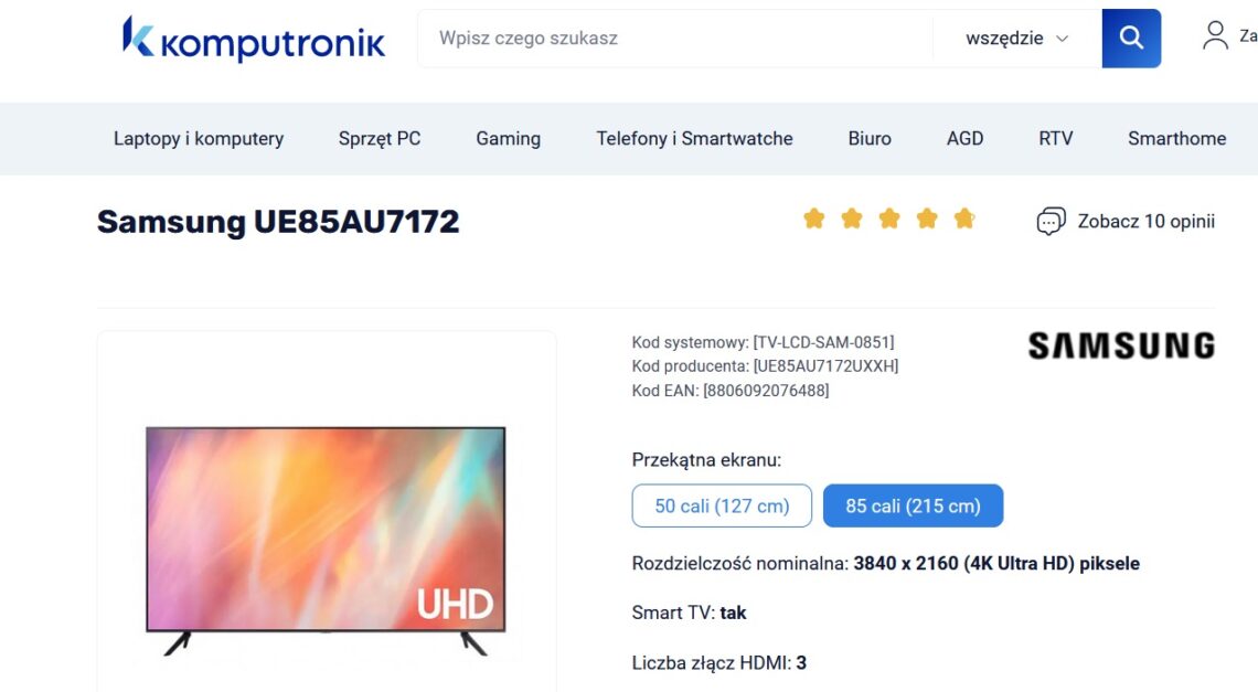 TV de 85" da Samsung. Existem vários modelos à venda, os preços diferem em vários milhares
