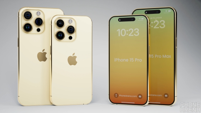 iPhone 15 Pro e 15 Pro Max apresentados na opção de cor dourada na forma de renderização 3D