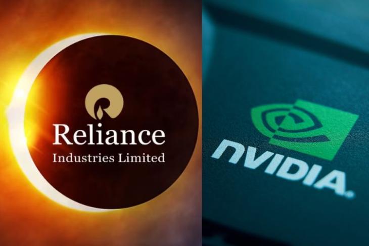Esta imagem mostra o logotipo da Reliance Industries à esquerda e o logotipo da Nvidia à direita