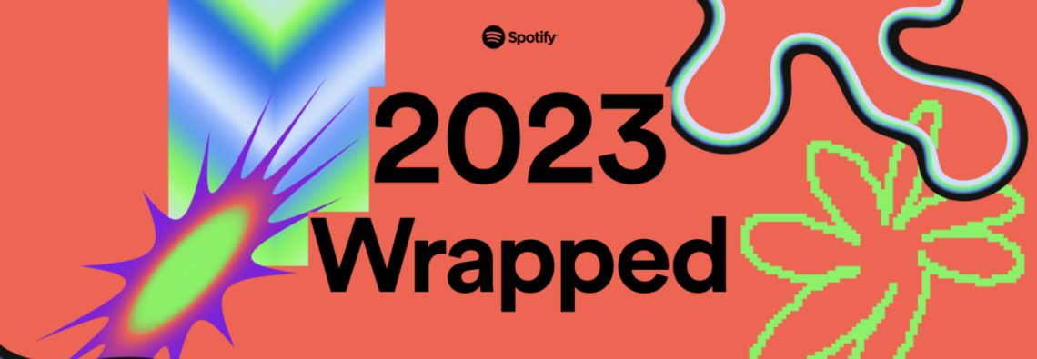 Arte promocional do Spotify "2023 encerrado" com formas e padrões abstratos sobre um fundo vermelho.