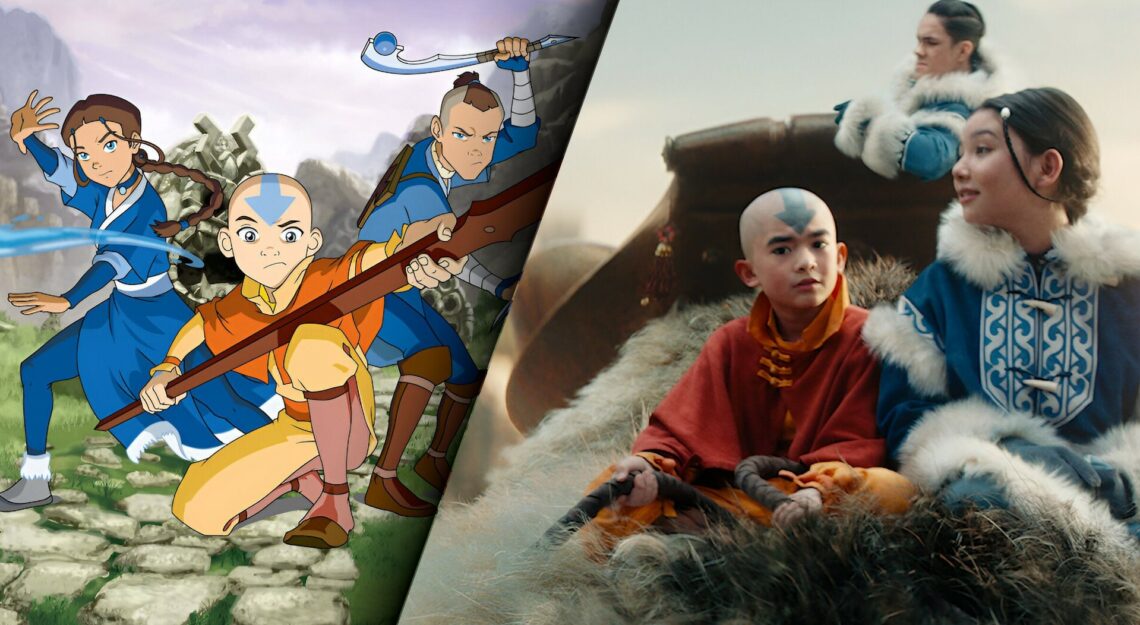 Ilustracja postaci animowanych po lewej stronie z serialu Avatar i ich rzeczywiste odpowiedniki aktorów po prawej stronie, w podzielonym kadrze, przedstawiająca transformację z animacji do rzeczywistości.