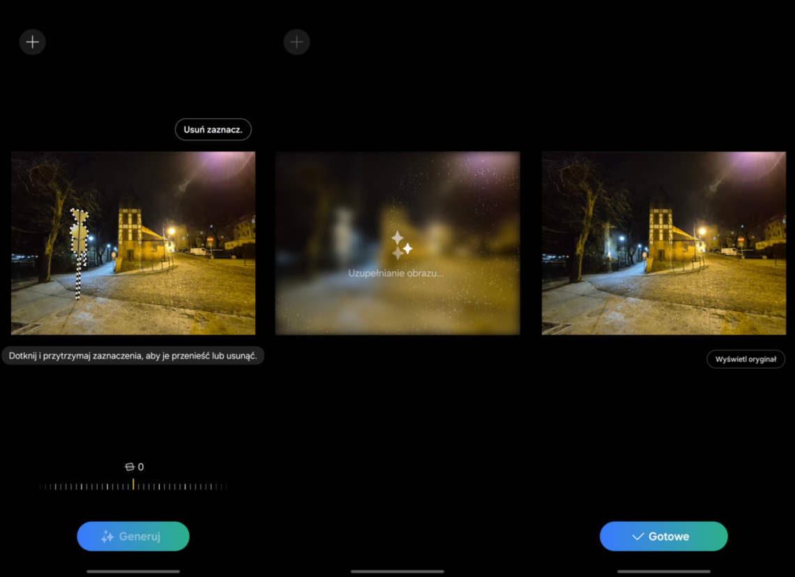 A interface do aplicativo de edição de fotos mostra um modo de aprimoramento de fotos noturnas com vista para um edifício histórico e um caminho iluminado.