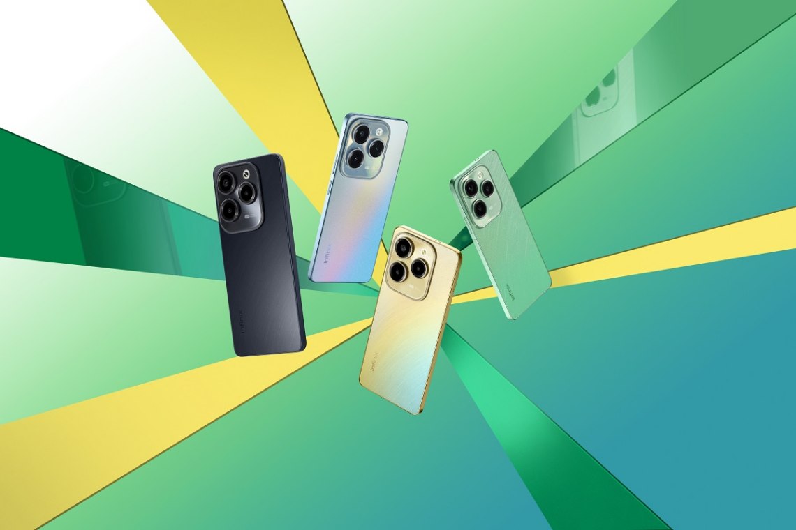 Cinco smartphones de cores diferentes com disposição de câmera tripla, dispostos sobre um fundo abstrato nas cores verde e amarelo.